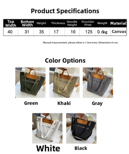 Detail shot of canvas tote bag dimensions and specifications for travel use