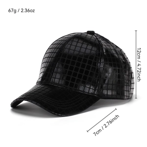 Classic black PU leather baseball cap with textured checker pattern and size dimensions