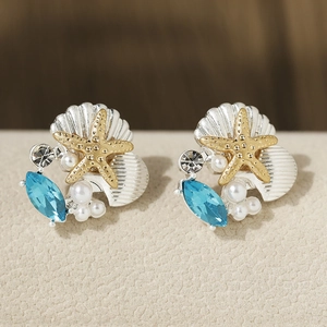 Nautical starfish and shell stud earrings with blue rhinestones and white pearls for women