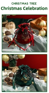 Detail of red and green velvet Christmas drawstring gift bags with gold reindeer patterns