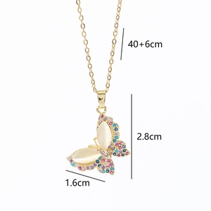 Gold butterfly necklace with rhinestones and opal stone, pendant size 2.8x1.6cm