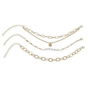 Three-piece gold chain bracelet set with white pearls and a LOVE heart charm pendant