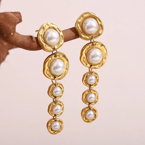 Boucles D'oreilles Longues Vintage Acier Inoxydable Plaqué Or 18K Künstliche Perle Fantaisie Cercles Gradués Bijoux Rétro Femmes