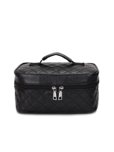 Minimalist black quilted PU leather makeup bag with handle and double zippers on white background