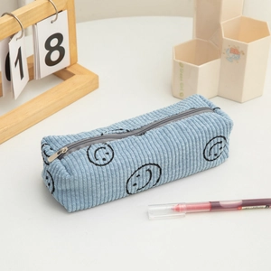 Astuccio in velluto a coste blu con motivi smiley neri e chiusura a zip