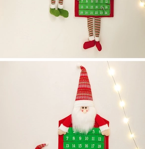 Detailed view of red felt Santa countdown calendar with 24 numbered gift pockets