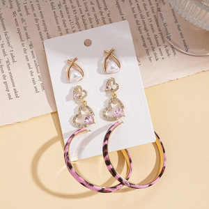 6-piece earring set with pearls, pink crystal hearts and leopard print hoops