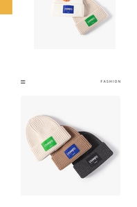 Detail of ribbed knit texture on various colored winter beanies with fashion patch