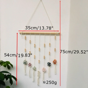 Detail view of woven wall hanging with dimensions and seven raw crystal stones