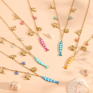 Golden titanium steel ocean charm necklaces with colorful fish and starfish pendants