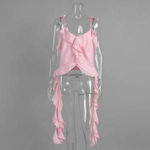 Detail of light pink ruffle camisole with deep V-neck and long chiffon flowy streamers