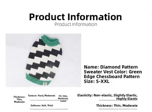 Size chart and details of checkered pet knit sweater with green ribbed hem and collar