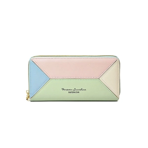 Women's long patchwork wallet in pastel colors with double zippers and gold charm