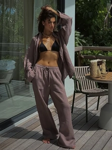 Women's casual two-piece linen shirt and drawstring wide-leg pants set in dusty pink