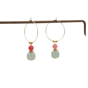 Retro Neo-Chinese style earrings with pink bead and light green stone on gold rings
