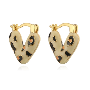 Fashionable V-shaped earrings with gold frame, cream enamel and orange leopard pattern