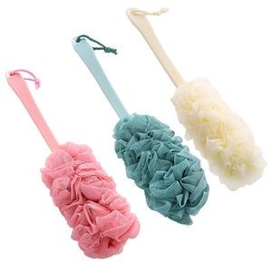 Three-color long handle bath brushes with soft PE mesh loofah in pink, cyan, and beige