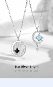 Close-up of S925 silver Star River necklaces with blue moon and black star pendants