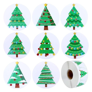 Multicolor Christmas Tree Round Stickers Coated Paper Adhesive Festive Holiday Gift Packaging Seal Labels For Party Decor