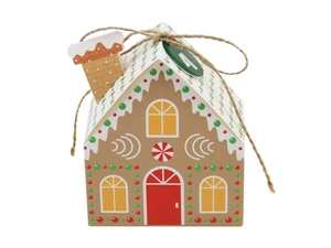 Close-up of house-shaped gingerbread candy box with natural twine and chimney detail