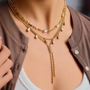 Classic 18K gold plated stainless steel layered necklace with square zircon pendants