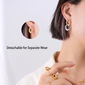 Detachable Double Interlocking Circle Stud Earrings 18K Gold Plated Titanium Steel French Ins Style Geometric Jewelry