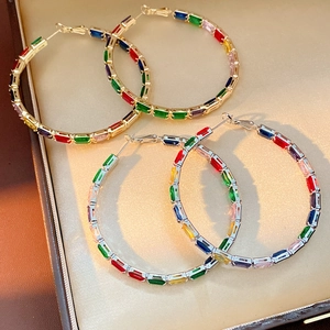 Rainbow Baguette Zircon Hoop Earrings With 925 Sterling Silver Earring Post Copper Luxury Geometric Jewelry For Women