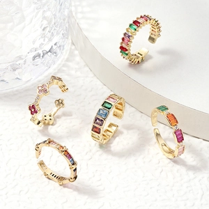 Colorful Cubic Zirconia Open Ring Copper Adjustable Rainbow Baguette Cut Flower Chic Jewelry Gift For Women Accessories