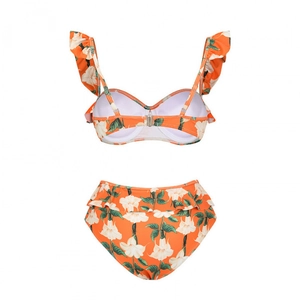 Orange floral ruffle bikini set with high-waisted bottoms and floral print design