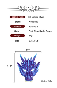 Detailed RP Foam dragon mask specifications and dimensions in blue for roleplay costume