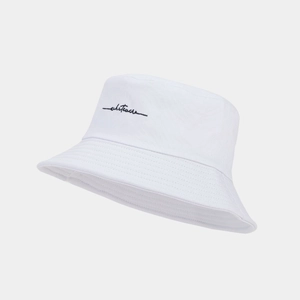 White cotton fisherman bucket hat featuring black whatever cursive embroidery detail