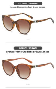 Detail view of leopard and brown cat-eye sunglasses with gradient lenses and enamel temples