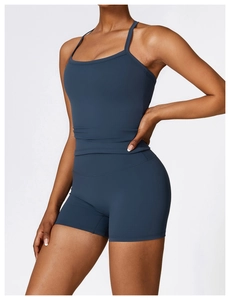 Close-up of moisture-wicking yoga set with racerback top and high-waist shorts