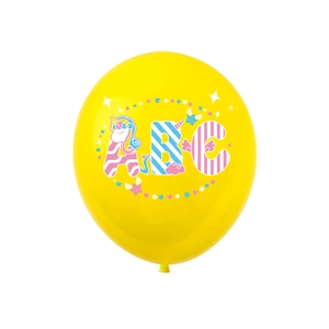 Yellow latex balloon for German school enrollment party with ABC and unicorn print