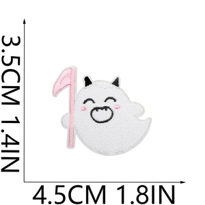 Detailed embroidery patch showing a cute ghost holding a pink scythe with size markings