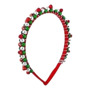 Christmas headband with red, green, and silver bells for holiday party hair styling