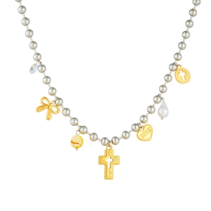 Schicke Perlenkette mit Kreuz-, Herz- und Schleifenanhängern für Damenmode