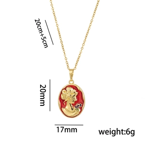 Golden necklace with red portrait relief pendant and dimension labels on white background