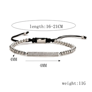 Adjustable woven bracelet with silver beads and a zircon-encrusted tube bar detail