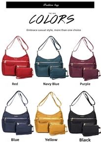Multi-pocket water-resistant nylon crossbody bag set shown in six different color options