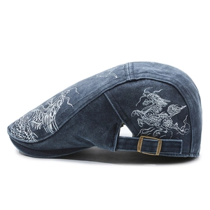 Vintage washed navy denim beret flat cap featuring white dragon embroidery details