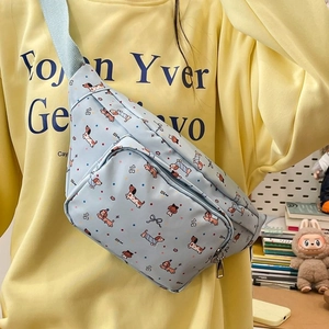 Cute blue crossbody chest bag featuring cartoon dachshund print and adjustable strap