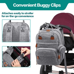 Gray diaper backpack with buggy clips for easy attachment to a stroller handle