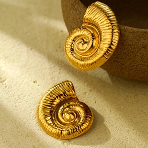 Golden nautilus shell spiral earrings in polished stainless steel for women