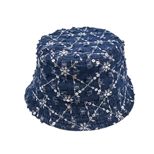 Kids vintage denim bucket hat with white flower embroidery and silver sequins decor