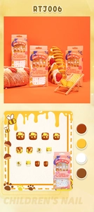 Detail of bee and honey themed cartoon press-on nails for kids with adhesive backing