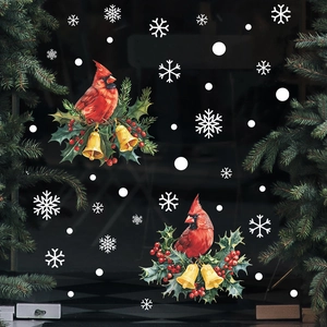 Stickers muraux de Noël avec oiseau cardinal, houx et cloches dorées pour décoration