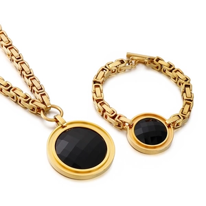 Golden stainless steel necklace and bracelet set with round black faceted gemstones