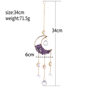 Golden moon and star suncatcher with purple amethyst crystal stones and hanging beads