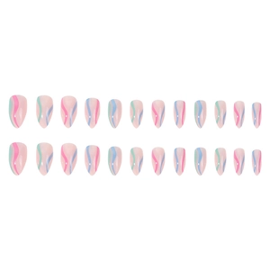 Minimalist short almond press-on nails with multi-color pastel wavy line patterns